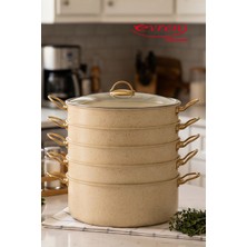 EVREN MUTFAK 6 Parça 30 cm Cream(Krem) Ezme Seri Buharlı Pişirici, Mantı Tencere Seti 7,5 Lt