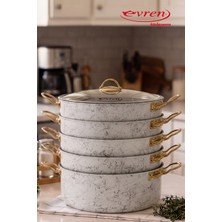EVREN MUTFAK 6 Parça 30 cm WHITE Spıder(Beyaz) Ezme Seri Buharlı Pişirici, Mantı Tencere Seti 7,5 Lt