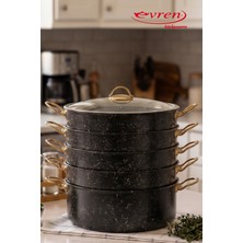 EVREN MUTFAK 6 Parça 30 cm BLACK Spıder(Siyah) Ezme Seri Buharlı Pişirici, Mantı Tencere Seti 7,5 Lt