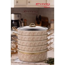 EVREN MUTFAK 6 Parça 30 cm Taş Çemberli(Krem) Ezme Seri Buharlı Pişirici, Mantı Tencere Seti 7,5 Lt