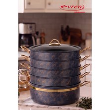 EVREN MUTFAK 6 Parça 30 cm Taş Çemberli (İndigo) Ezme Seri Buharlı Pişirici, Mantı Tencere Seti 7,5 Lt