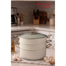 EVREN MUTFAK 4 Parça 30 cm Cream Ezme Seri Buharlı Pişirici, Mantı Tencere Seti 7,5 Lt
