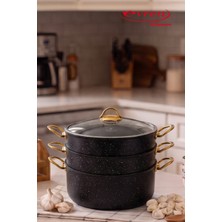 EVREN MUTFAK 4 Parça 30 cm Gold Stone Ezme Seri Buharlı Pişirici, Mantı Tencere Seti 7,5 Lt