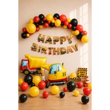 Baloncu Nene Inşaat Temalı Doğum Günü Balon Seti Kırmızı Siyah Sarı Happy Birthday Kamyon Kepçe