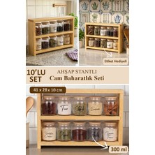 DNS Home 3 Katlı Ahşap Organizer 10'lu Cam Baharatlık Seti Bambu Vakum Kapaklı Etiket Hediyeli 300 ml
