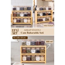 DNS Home 15'li 300 ml Cam Kavanoz Seti 3 Katlı Ahşap Stantlı Organizer Baharatlık Seti Etiketli Saklama Kabı