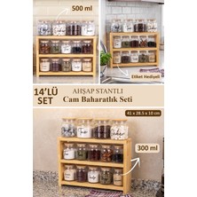 DNS Home 3 Katlı Doğal Ahşap Organizer 14 Parça Cam Kavanoz Seti Baharatlık Seti Etiketli 300 ml - 500 ml
