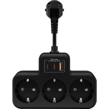 Die Grup Akım Korumalı Grup Priz Duvar Tipi 3x Priz, 2x Type-C, 1x USB Port Çıkışlı Çoklu Priz (Siyah)