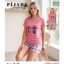 Yonca Outlet Pijama Takımı Kadın Kısa Kollu Şortlu %100 Pamuk Ev Giyim Rahat Yazlık Pijama Seti Pembe Ekose