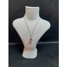 Mryart Gümüş Renk Sıra Taşlı Pembe Damla Model Sf Zincir Çelik Kolye