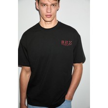 Grimelange Antonıo Erkek Baskı Detaylı %100 Organik Pamuk 3 Iplik Örme Oversize Siyah T-Shirt