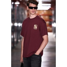 Grimelange Antonıo Erkek Baskı Detaylı %100 Organik Pamuk 3 Iplik Örme Oversize Bordo T-Shirt