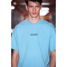 Grimelange Vıto Erkek %100 Organik Pamuklu Nakış Yazı Detaylı Oversize Bol Kesim Kısa Kollu Mavi T-Shirt