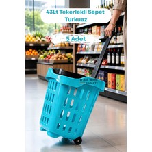 Raf Sanatı 5 Adet - 43 Lt Tekerlekli Market Sepeti | Plastik Alışveriş Sepeti Ergonomik Çift Saplı Turkuaz