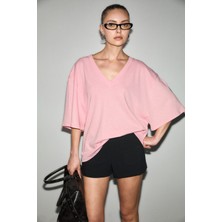 Grimelange Kadın V Yakalı Pembe T-Shirt Rahat Kesim Keten Karışımlı Günlük Stil Kısa Kol