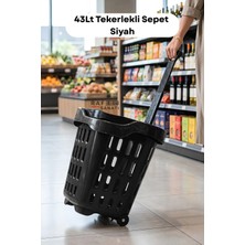 Raf Sanatı 43 Lt Tekerlekli Market Sepeti | Plastik Alışveriş Sepeti Ergonomik Çift Saplı Siyah