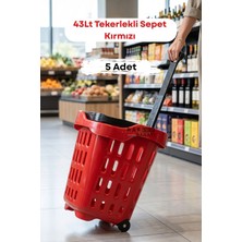 Raf Sanatı 5 Adet - 43 Lt Tekerlekli Market Sepeti | Plastik Alışveriş Sepeti Ergonomik Çift Saplı Kırmızı