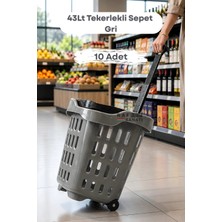 Raf Sanatı 10 Adet - 43 Lt Tekerlekli Market Sepeti | Plastik Alışveriş Sepeti Ergonomik Çift Saplı Gri