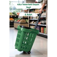 Raf Sanatı 5 Adet - 43 Lt Tekerlekli Market Sepeti | Plastik Alışveriş Sepeti Ergonomik Çift Saplı Yeşil