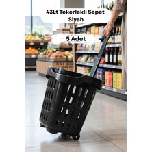Raf Sanatı 5 Adet - 43 Lt Tekerlekli Market Sepeti | Plastik Alışveriş Sepeti Ergonomik Çift Saplı Siyah