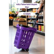 Raf Sanatı 5 Adet - 43 Lt Tekerlekli Market Sepeti | Plastik Alışveriş Sepeti Ergonomik Çift Saplı Mor
