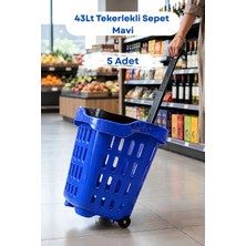 Raf Sanatı 5 Adet - 43 Lt Tekerlekli Market Sepeti | Plastik Alışveriş Sepeti Ergonomik Çift Saplı Mavi