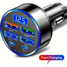 Fredeom Store 6 Portlu Hızlı Araç Şarj Cihazı – 4 USB + 2 Type-C Çıkışlı Dijital Göstergeli Oto Şarjı