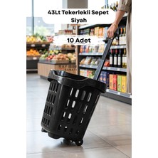 Raf Sanatı 10 Adet - 43 Lt Tekerlekli Market Sepeti | Plastik Alışveriş Sepeti Ergonomik Çift Saplı Siyah