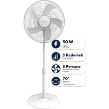 Kumtel KTF-350 Beyaz 16 İnç Ayaklı Vantilatör 50 W, 5 Pervaneli, 3 Kademeli, 121 cm Ayarlanabilir Yükseklik