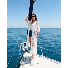 Sibel Günay Butik Santorini Nakışlı Dantel Beyaz Pareo Kimono –112 cm Premium Plaj Kaftanı