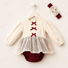 Minizeyn Oliva Romper Kız Bebek Elbise %100 Pamuk Dantel Detaylı Bordo Fiyonklu Premium Tasarım 2 Parça Takım