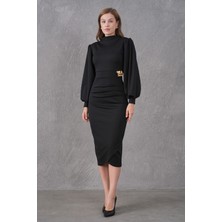 Woman Vision Omuzu Vatkalı Anvelop Kesim Gold Aksesuarlı Midi Boy Balon Kol Siyah Abiye Elbise 77153