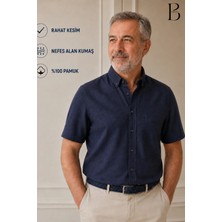 BURSPA Rahat Kesim Klasik Erkek Baba Kısa Kol %100 Pamuk Keten Gömlek