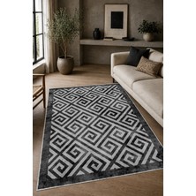 Pelura Halı Gri Geometrik Desen Baskılı Yıkanabilir Kaymaz Taban Salon Oturma Odası Antre Halısı Yolluk