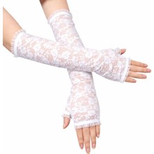 Nessi World Uzun Zarif Dantel Eldiven Parmaksız Beyaz 35 cm