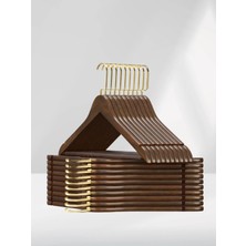 SDF Askı Ahşap Elbise Askısı ve Pantolon Askısı 10'lu Set Ceviz Renk (Lux Gold Kancalı)