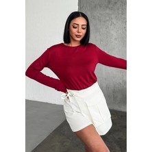 Epilons Rahat ve Şık Uzun Kollu Bisiklet Yaka Likralı Viskon Penye Body Bordo
