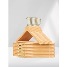 SDF Askı Ahşap Elbise Askısı ve Pantolon Askısı 10'lu Set Doğal Renk Tam Vernikli (Lux Gold Kancalı)