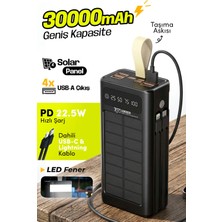 7go Gpw-09 30000MAH Güneş Enerjili Powerbank | Pd 22.5W Hızlı Şarj | Dahili Type-C & Lightning Kablo | LCD Dijital Ekran | 4 USB Çıkış