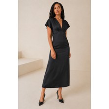 Woman Vision Siyah Saten Kumaş Drapeli V Yaka A Line Kesim Midi Abiye Elbise 77167