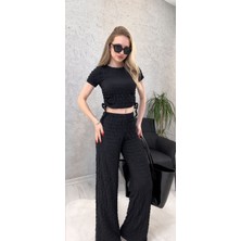 Gk Luxury & Fashion Crop ve Pantolon Ikili Takım Bubble Kumaş Yumuşacık - Yanı Kanallı Crop ve Yüksek Bel Pantolon
