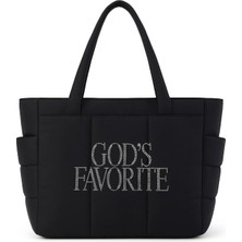 Bozz&Bozz God's Favorite Taş Işlemeli Siyah Kadın Omuz Çantası Büyük Boy Shopper Tote