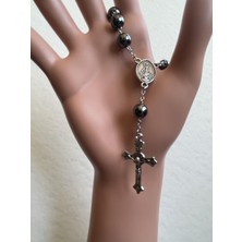 8 mm Hematit Doğal Taş Katolik Mini Hrıstiyan Rosary Tesbih -Gümüş Rengi