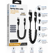 GUNKES 4'ü 1 Arada Yaylı Şarj ve Data Kablosu Usb-A / Type-C / Lightning Hızlı Şarj 27W-65W Esnek Spiral Kablo