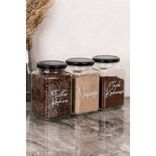 Dolkin Home 3'lü 1 Litre Dekoratif Cam Kavanoz Seti Kahve Seti Etiketli Metal Kapaklı Erzak Türk Kahvesi Filtre Kahve Saklama Kabı