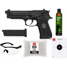 We M9 Siyah Full Otomatik Airsoft  Greengas, Bb ve Koruyucu Gözlük,hedef Kağıdı Hediyeli