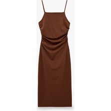 Koton Slim Fit Kare Yaka Ip Askılı Drapeli Midi Elbise