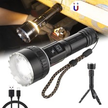 Gaman Güçlü LED El Feneri Tam Set - Tripod + Sert Taşıma Çantası + Şarj Kablosu ve Bilek Askılı & Powerbank Özellikli (10 Mod)