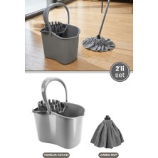 Flora 2’li Temizlik Seti Gri, Sıkmalı Temizlik Yer Silme Kovası + Süper Emici Mikrofiber Jombo Mop
