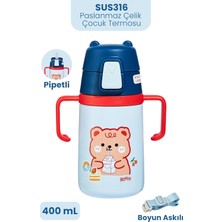 400 ml 316L Paslanmaz Çelik Pipetli Çocuk Termosu Taşıma Kulplu Askılı Çift Duvar -FFR400ML4011 Lacivert